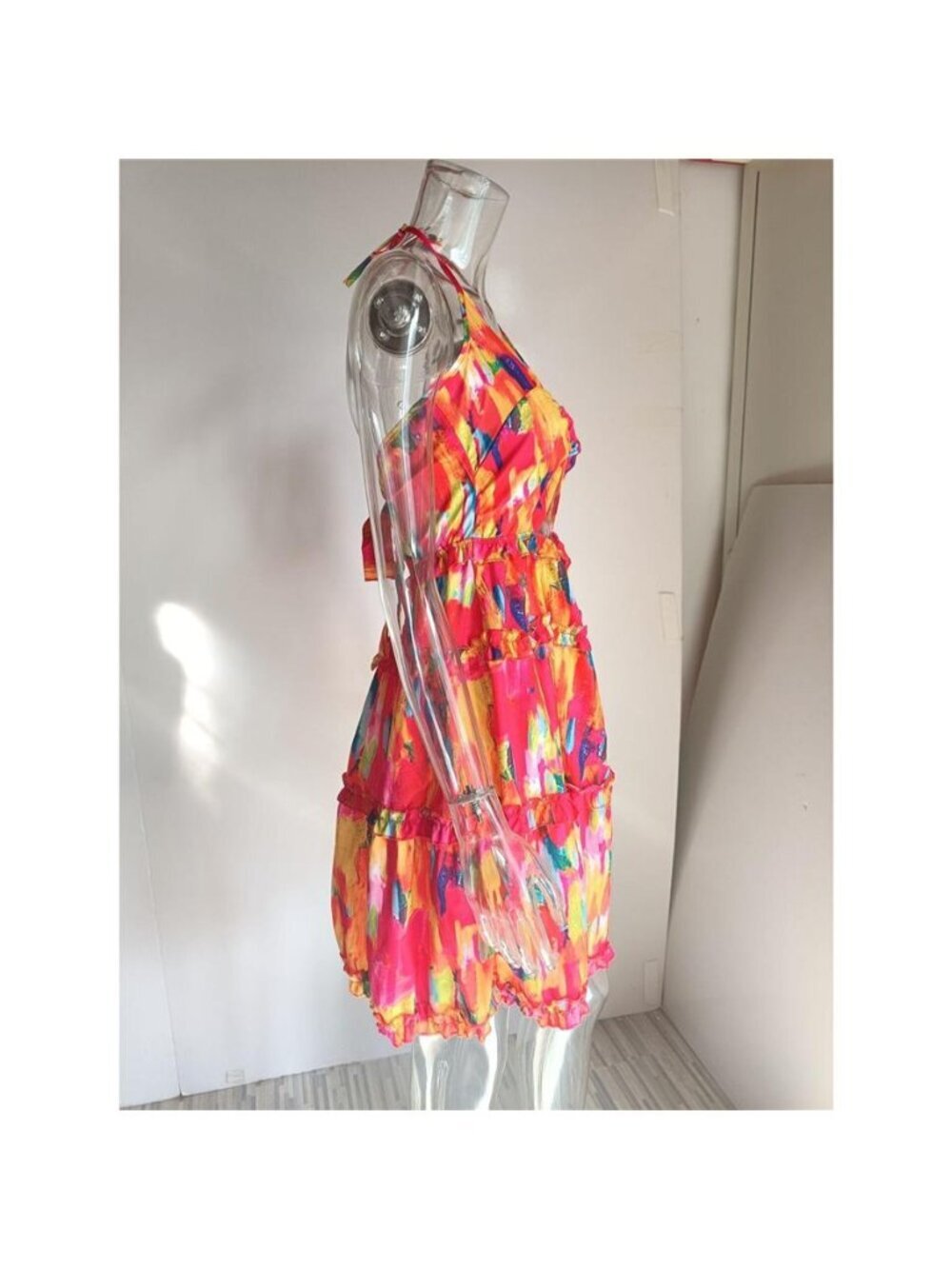 Colorful Print Halter Neck Ruffle Mini Dress - Picture 3 of 16